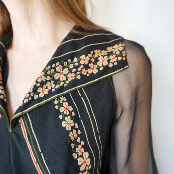 VINTAGE Floral & Striped Sheer Sleeve Maxi Dress - Picture 6 of 7